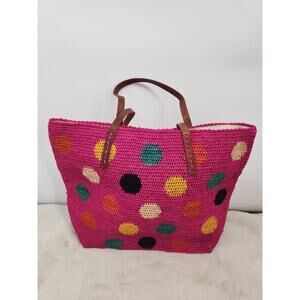 NWOT Mar Y Sol Pink Polka Dot Raffia Tote 15'' x 14'' x 6''